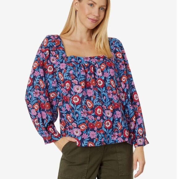Vineyard Vines Tisbury Floral Square Neck Top Womens Size XL Buttoned Cuffs - Picture 1 of 11